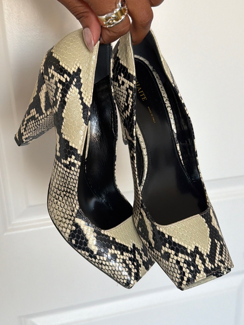 KHAITE Black and Beige Snake-Print Square Toe Pumps